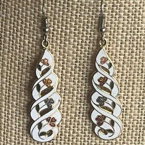 New floral on white cloisonné dangle earrings